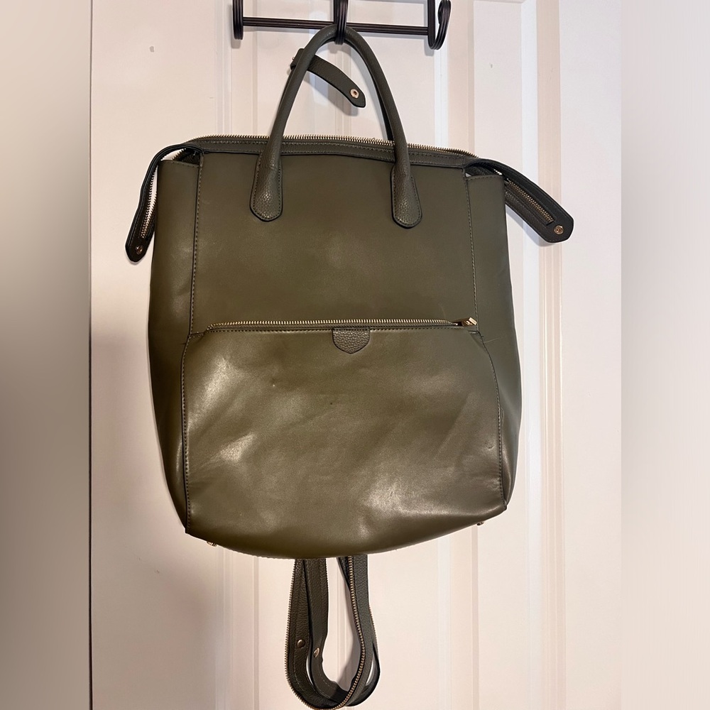 Green and khaki leather backpack